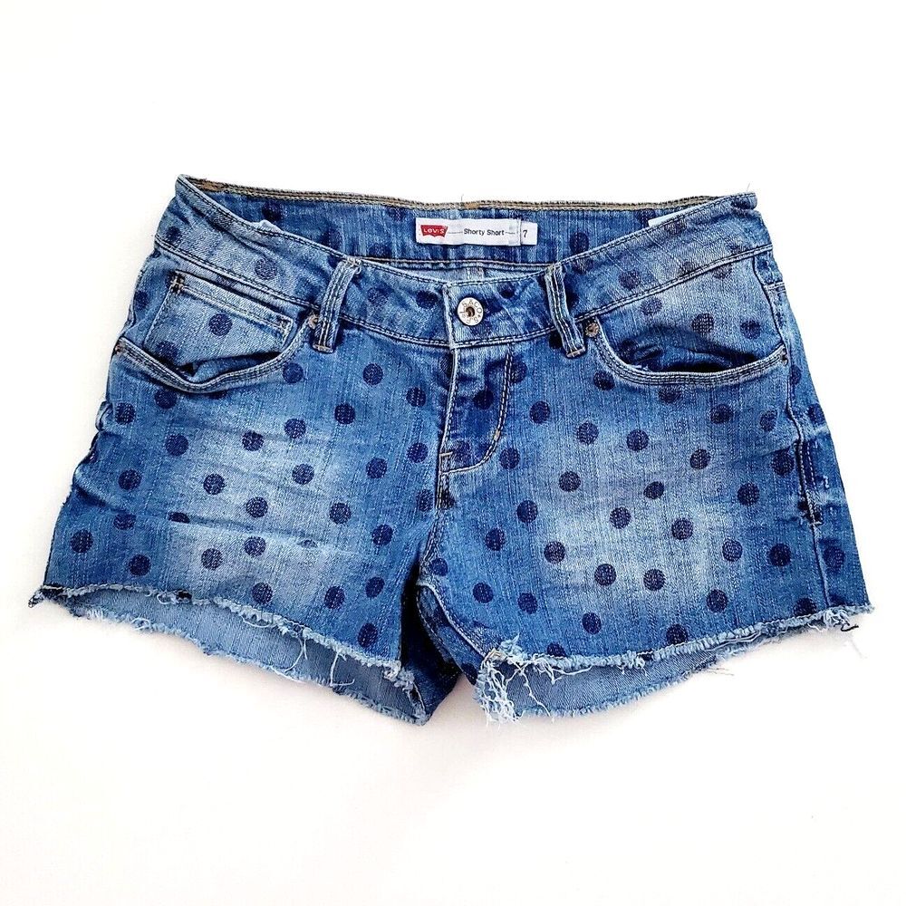 Levi's (Womens Size 7) Shorty Short Cut Off Jean Blue Denim Raw Hem Polka Dot